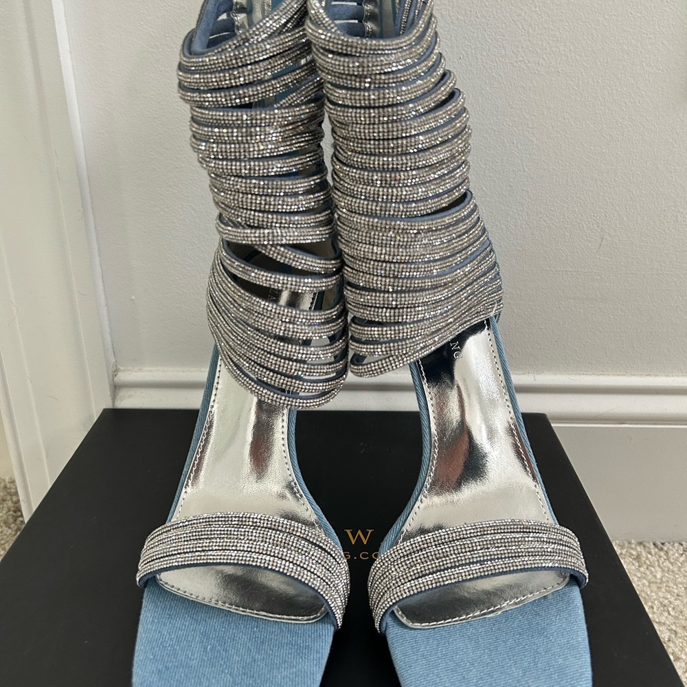 Azalea Wang Cicely-Denim Glamorous Silver and Blue Strappy Heels